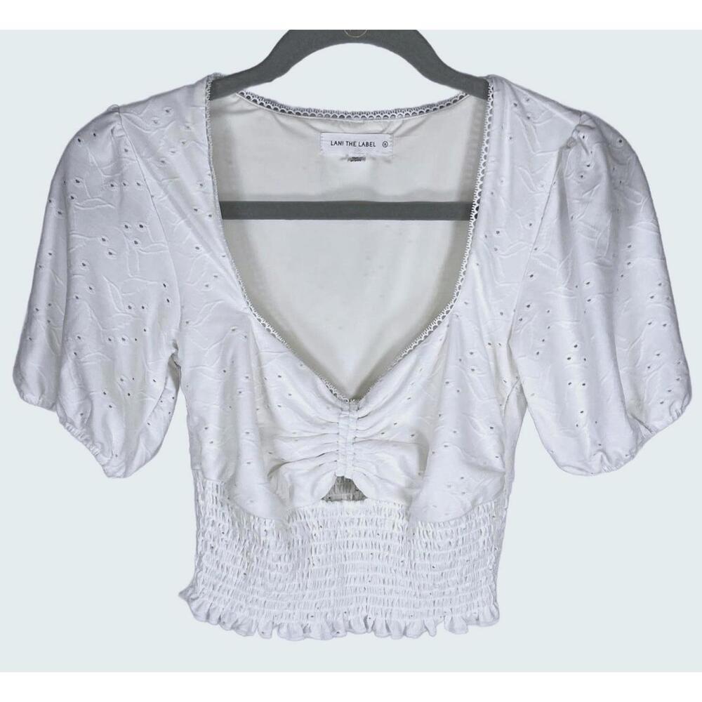 Cottagecore White Eyelet Puff Sleeve Smocked Crop Top Romantic Coastal Blouse S
